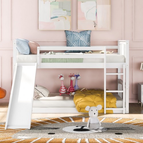 yoptote Twin Size, Low Frames with Slide,Safety Rails,2 Single for Youth/Adult,Sturdy,Noiseless,Solid Wood,White Bunk Bed yoptote Twin Size, Low Frames with Slide,Safety Rails,2 Single for Youth/Adult,Sturdy,Noiseless,Solid Wood,White Bunk Bed